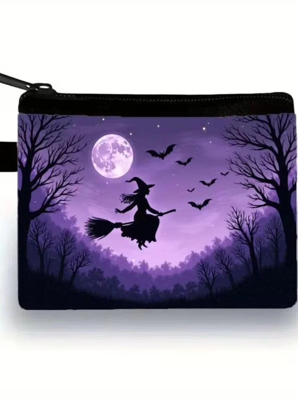 Halloween Witch Moon and Bats Makeup Bag Double-Sided 4.1h" x 5.6"w